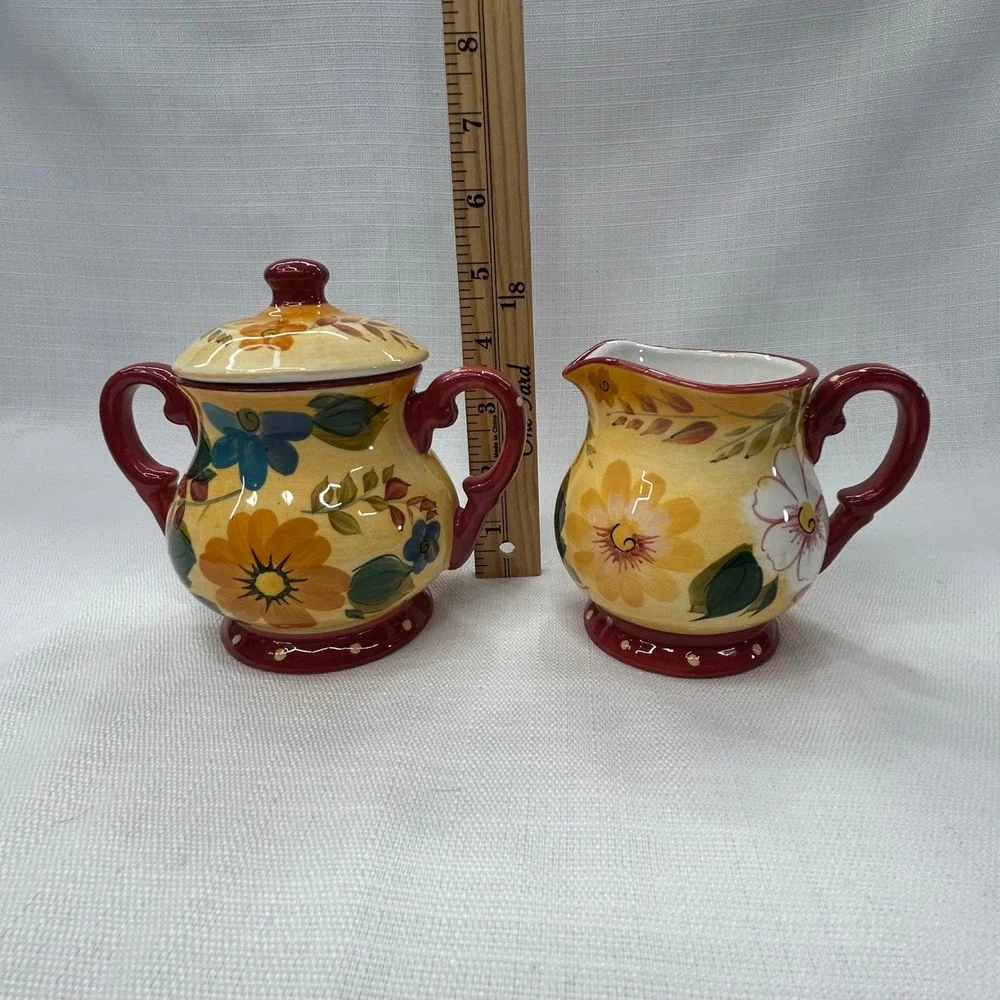 Oneida Sunset Bouquet Creamer & Sugar Bowl Set Yellow Red Floral Hand Painted